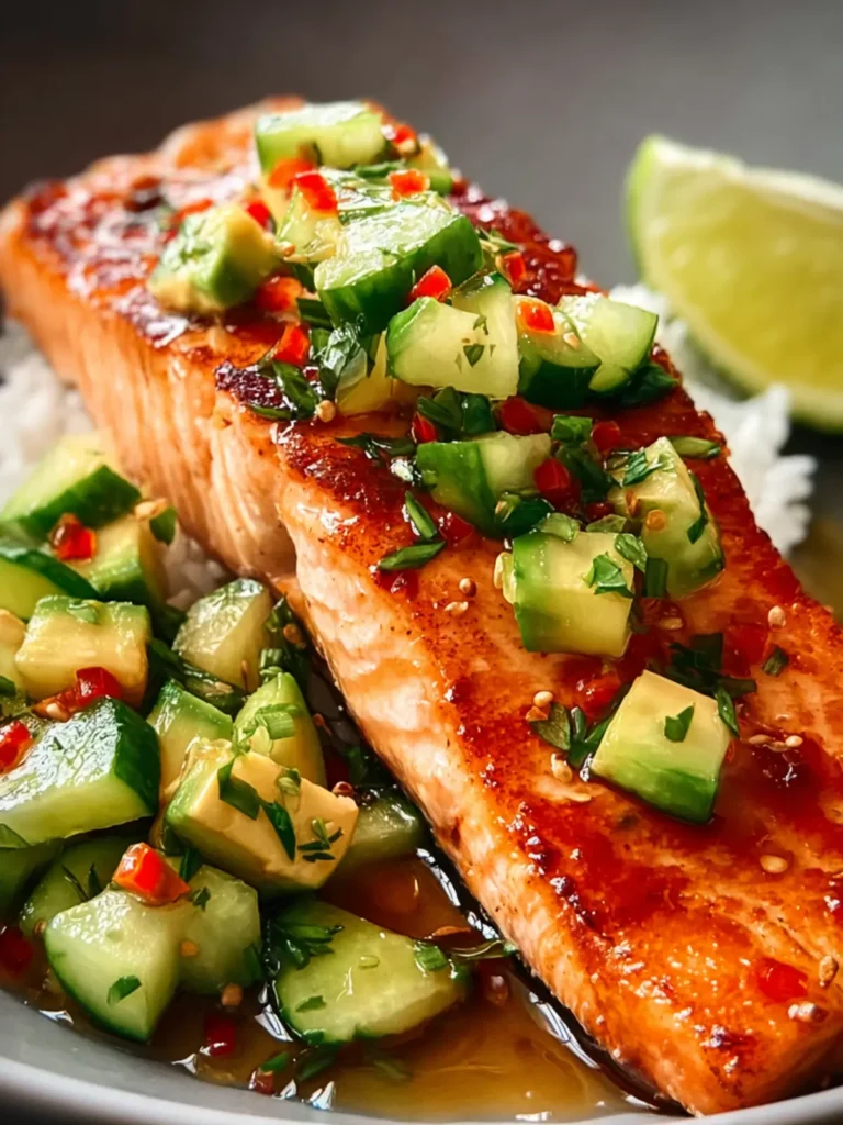 Flavorful Bang Bang Salmon with Avocado Cucumber Salsa First Image