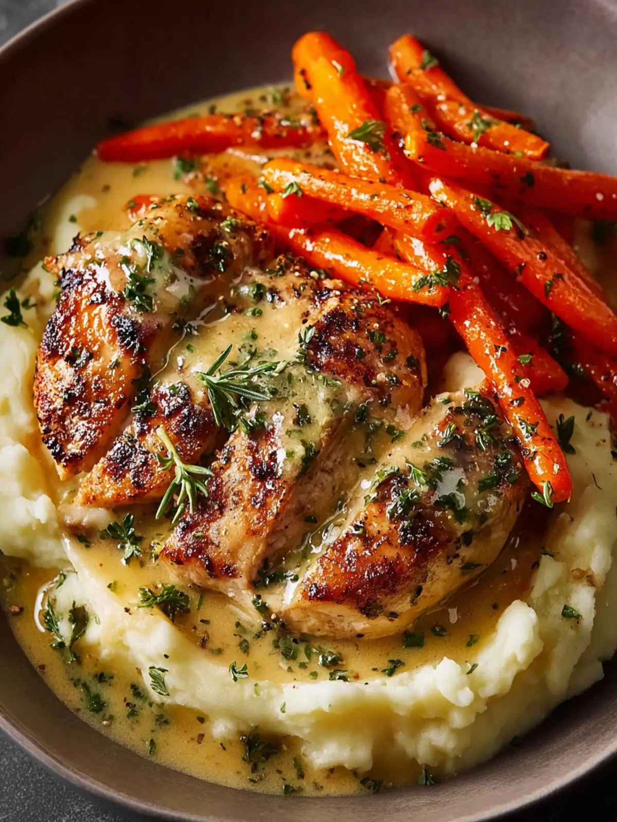 Creamy Herb Chicken with Mashed Potatoes & Glazed Carrots First Image