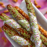 Chocolate Dipped Spring Sprinkle Pretzel Rods First Image