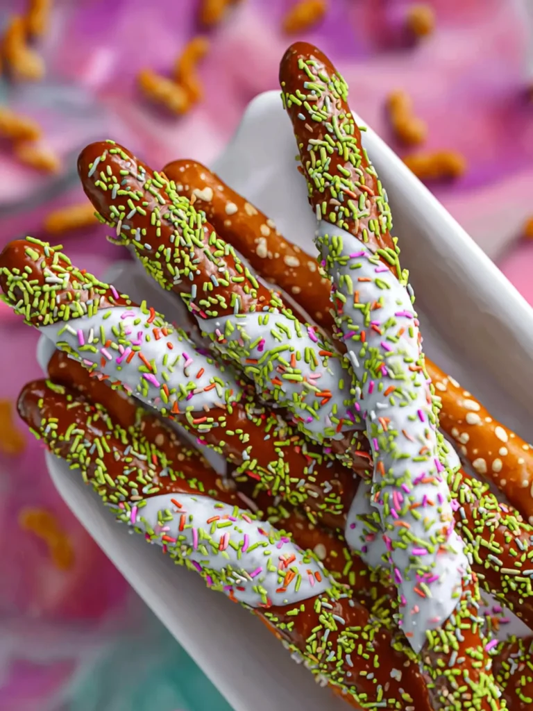 Chocolate Dipped Spring Sprinkle Pretzel Rods First Image